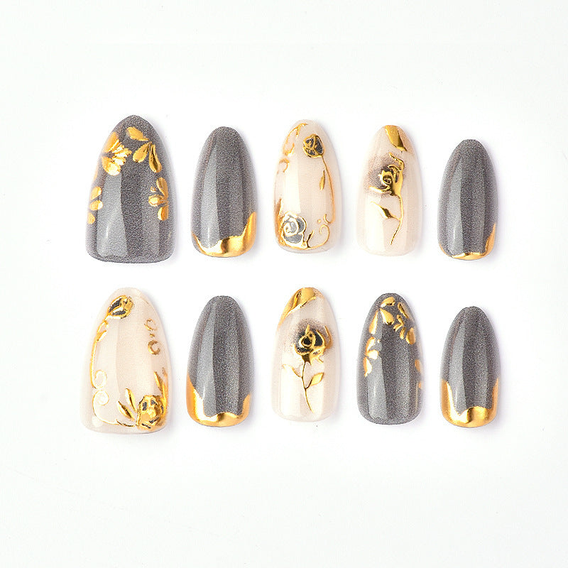 Artificial Nail Set with Elegant Rose Design and Gold Accents Kalsten