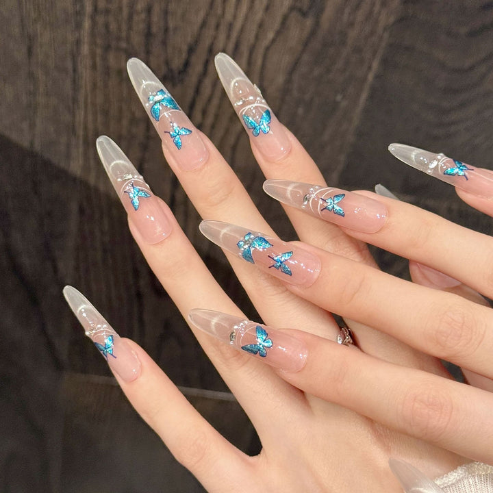 Artistic Press-On Nail Set with Butterfly Accents