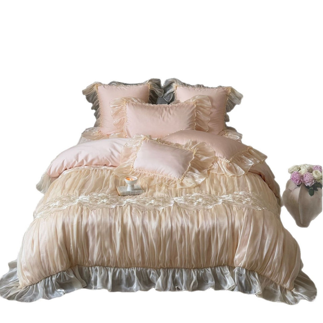 Luxurious satin bedding set with frills and lace trim