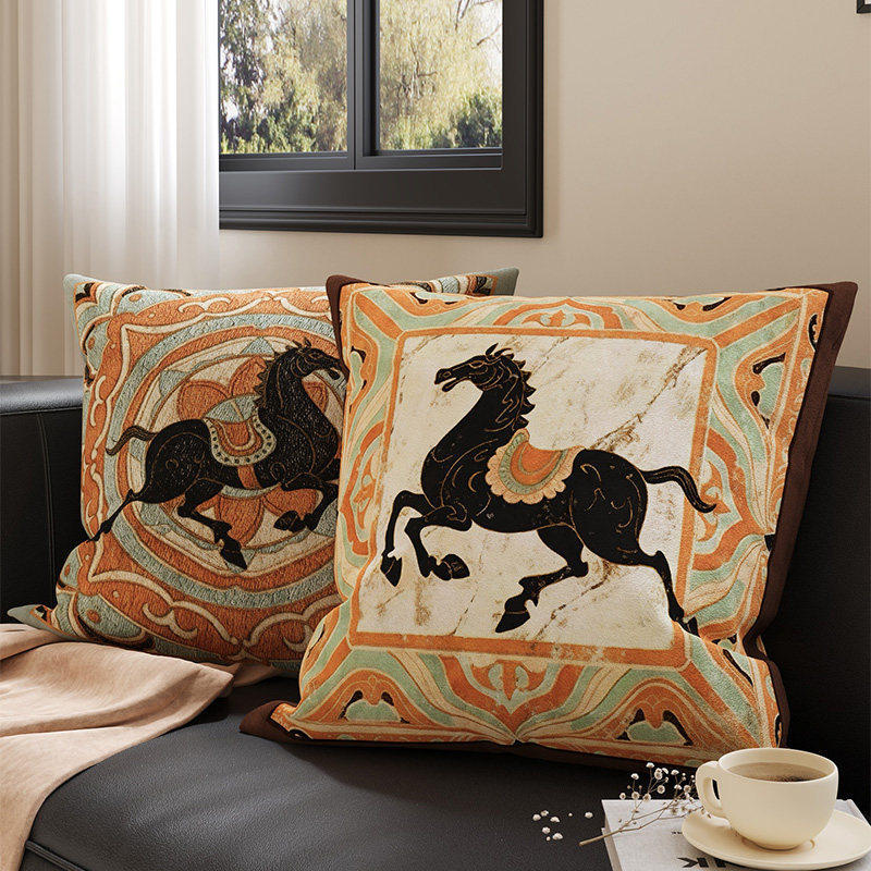 Embroidered Medallion Horse Velvet-Texture Decorative Throw Pillow Cover with Hidden Zipper