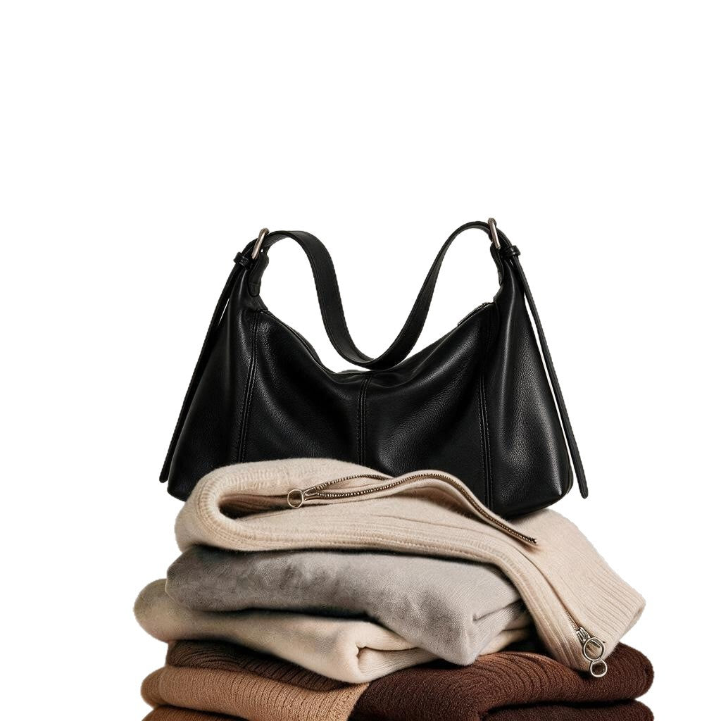Curved-Side Pebbled Leather Slouchy Shoulder Hobo with Adjustable Buckle Straps