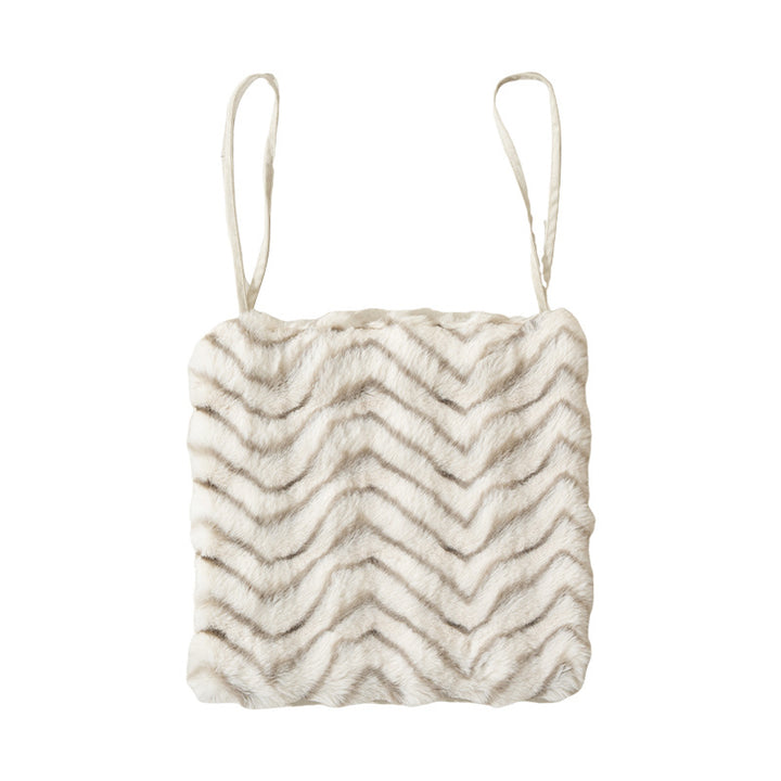 Compact faux fur crossbody bag with chevron pattern and narrow straps