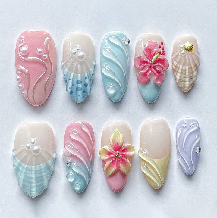 Acrylic Nail Set with Floral and Maritime Accents Kalsten
