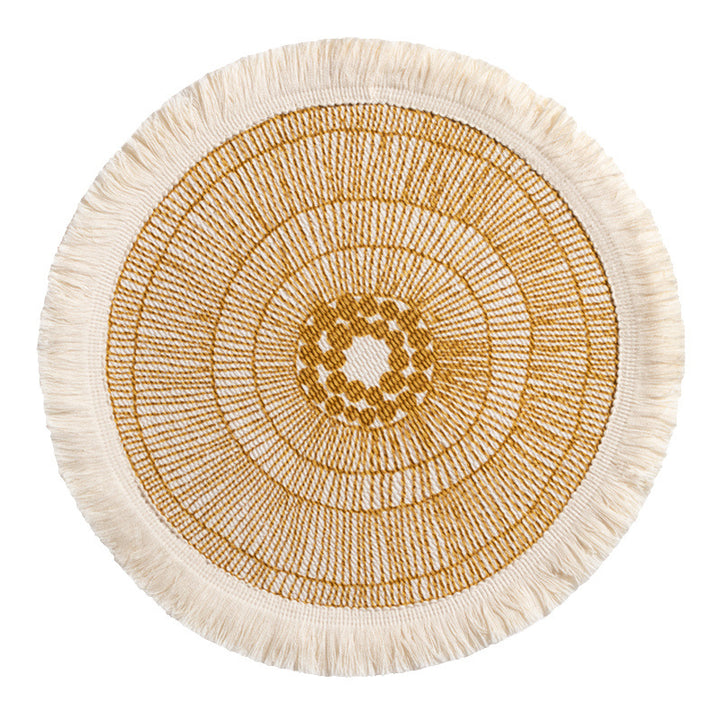 Beef handwoven cotton rug with fringes and graphic ethnic jacquard