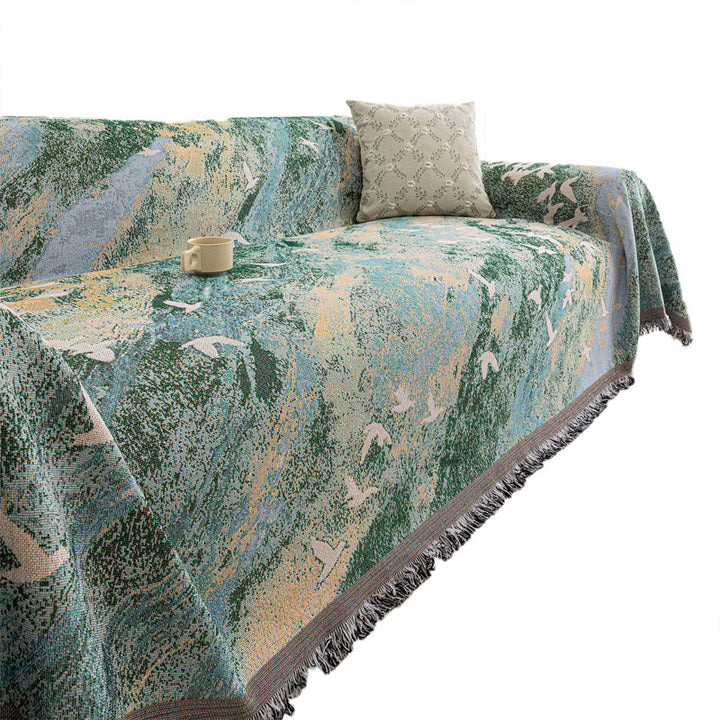 Reversible Jacquard Woven Seagull-Pattern Fringed Sofa Throw Cover