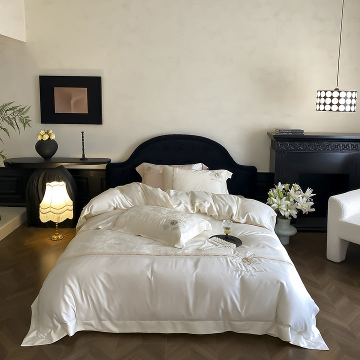 Luxurious satin bedding set with fine embroidery and pillowcases