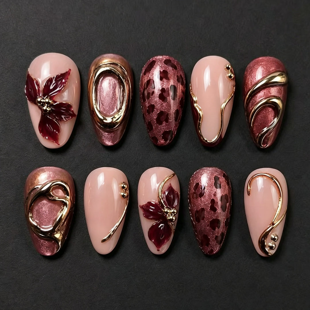 Floral-Embellished Press-On Nail Art Set with Gold Accents Kalsten