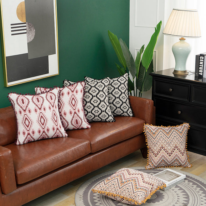 Decorative Bohemian Patchwork Tapestry Throw Pillow Cover with Pom-Pom Tassel Trim