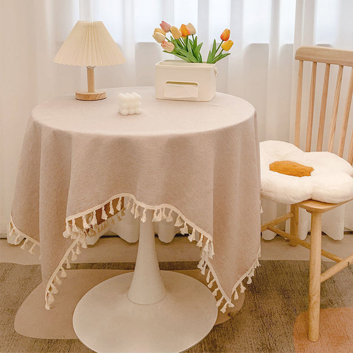 Round Textured Tassel-Trim Tablecloth with Linen-Feel Draped Finish