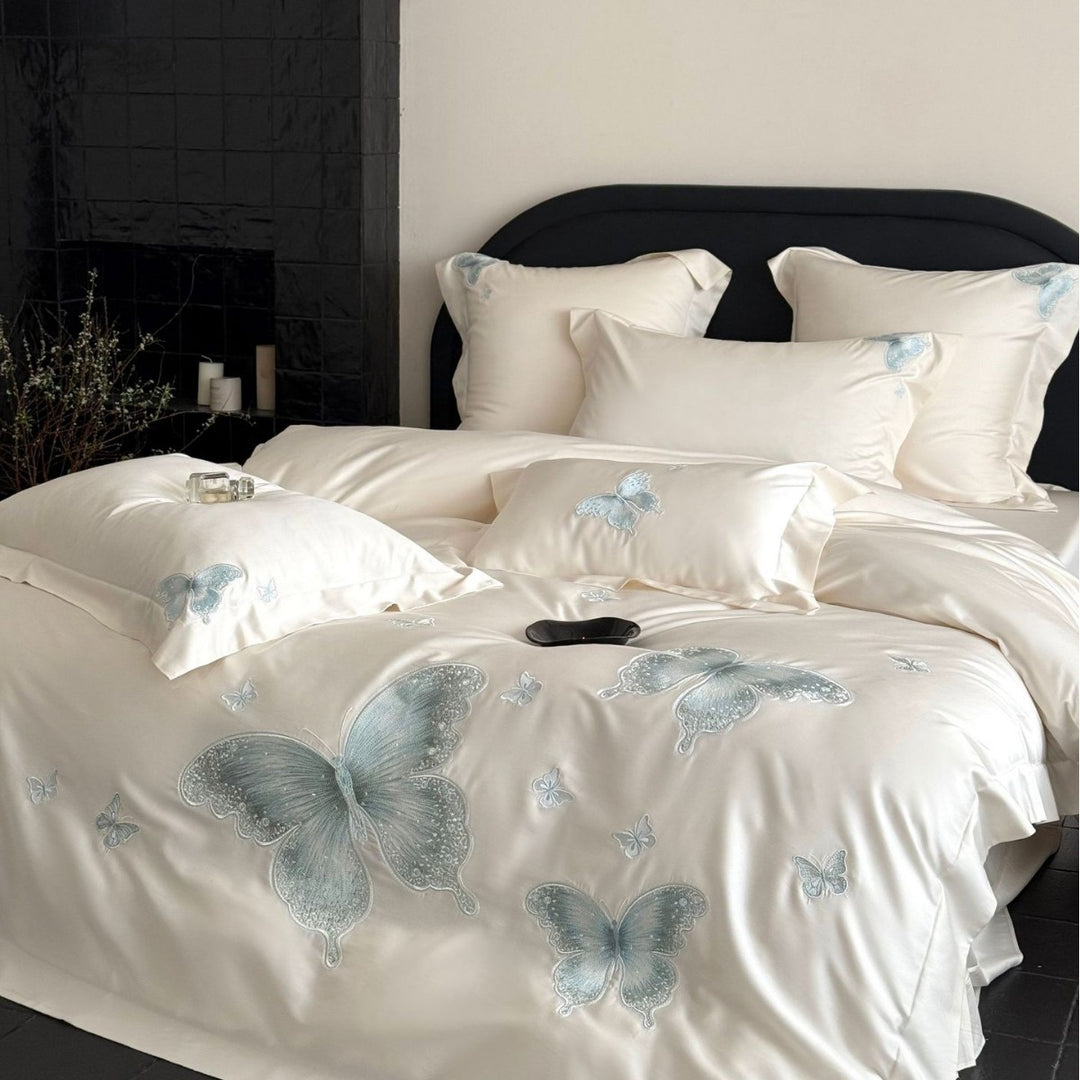 Elegant satin bed linen set with tonal butterfly embroidery
