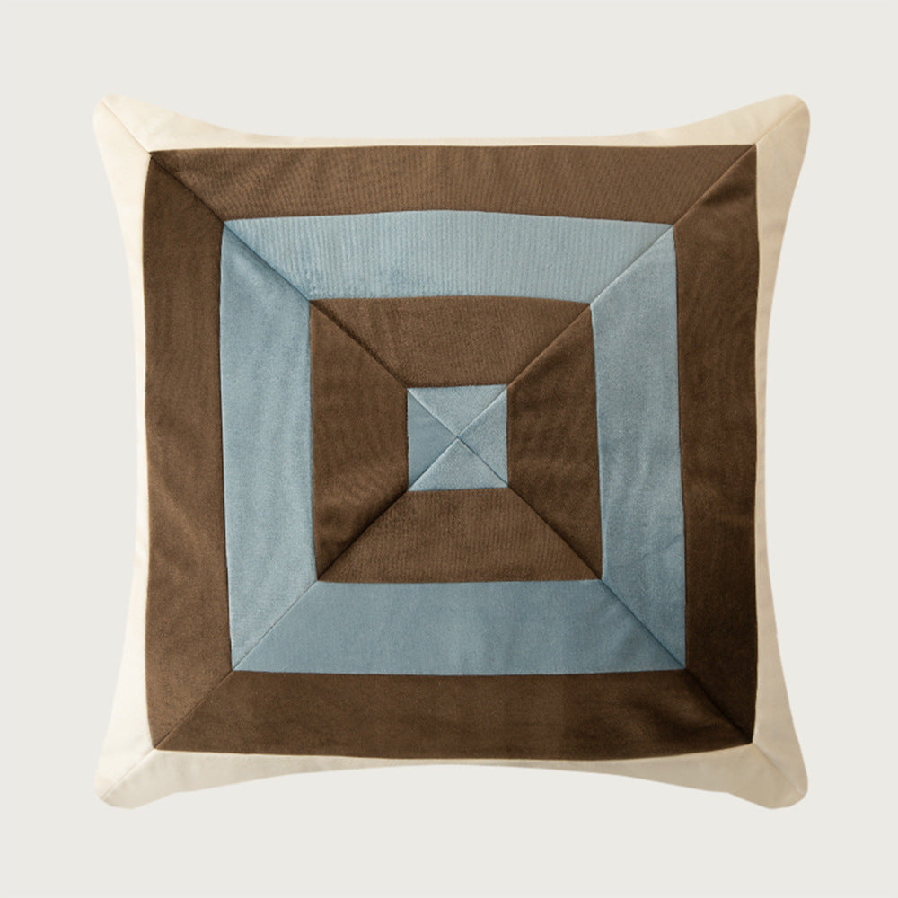 Square decorative cushion with striped velvet inlay and geometric pleated look