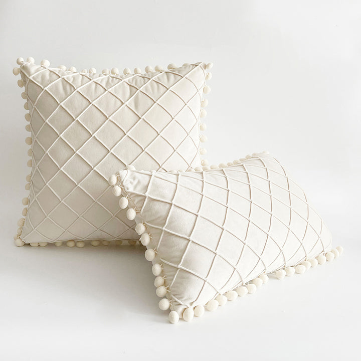 Decorative Velvet Pom-Pom Grid Tufted Throw Pillow Cover