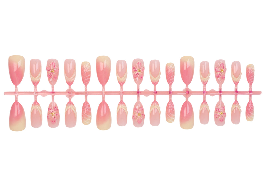 Artificial nail set with delicate floral designs and modern ombre effects Kalsten