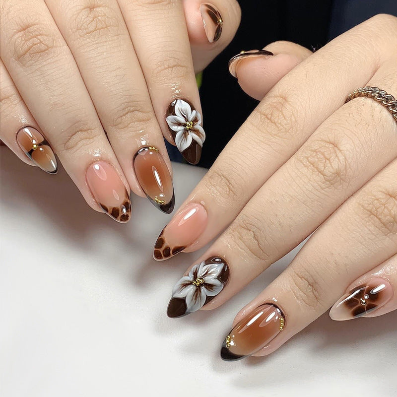 Artistic Press-On Nail Set with Floral and Color Block Design Kalsten