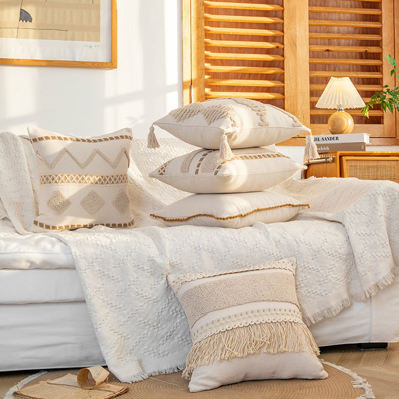 Decorative Bohemian Fringe Throw Pillow Cushion with Textured Macramé Trim