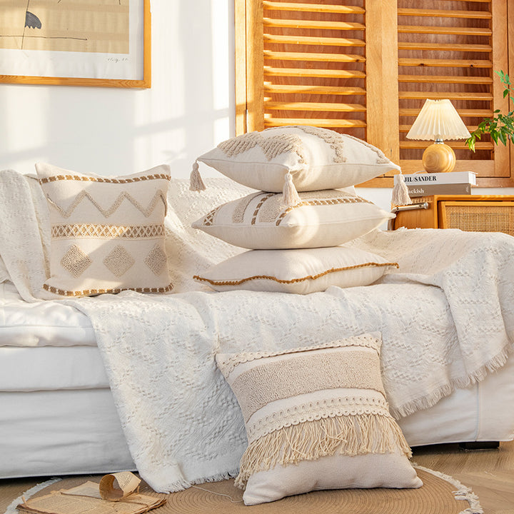 Decorative Bohemian Fringe Throw Pillow Cushion with Textured Macramé Trim