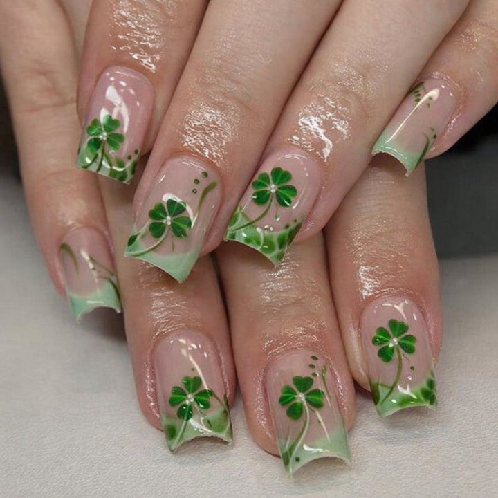 Artificial nail set with festive glitter and clover motifs Kalsten