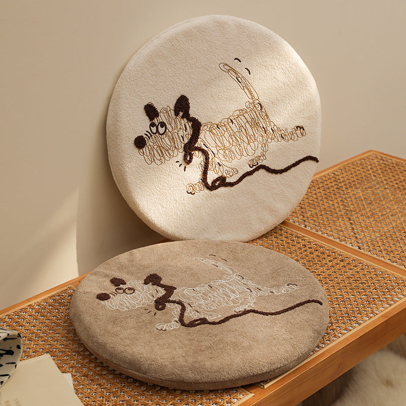 Round seat cushion with embroidered cat motif and soft microfiber cover Kalsten