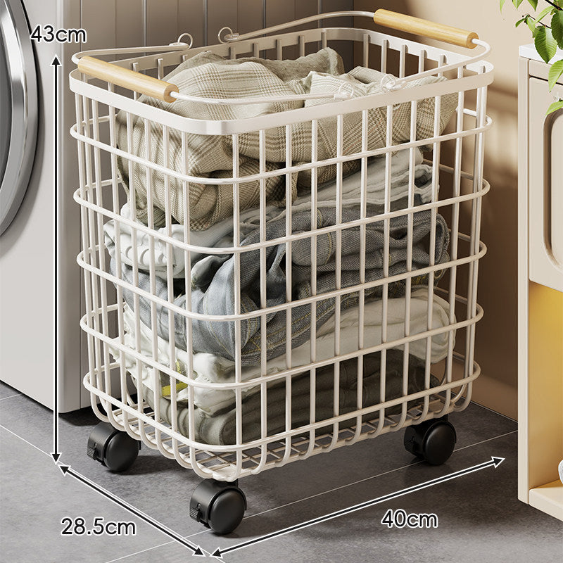 Rolling Wire Mesh Laundry Basket with Wooden Handles and Locking Swivel Casters