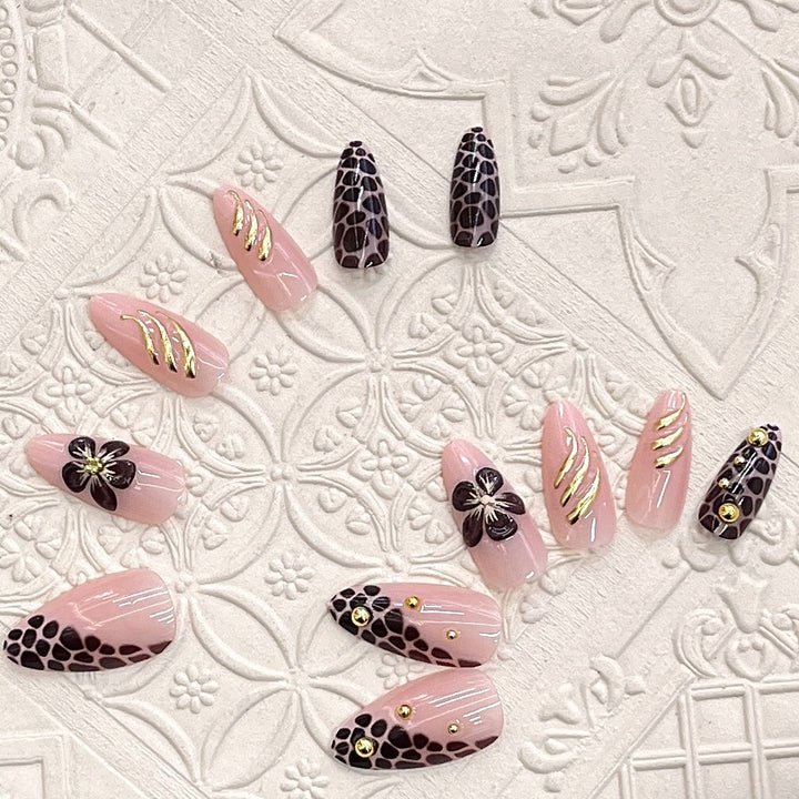 Artistic Press-On Nail Set with Floral and Leopard Accent Kalsten