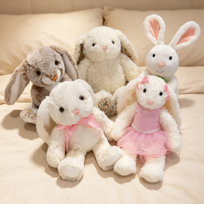Plush Floral-Lined Ear Bunny Stuffed Toy with Embroidered Face and Curly Faux Fur Kalsten
