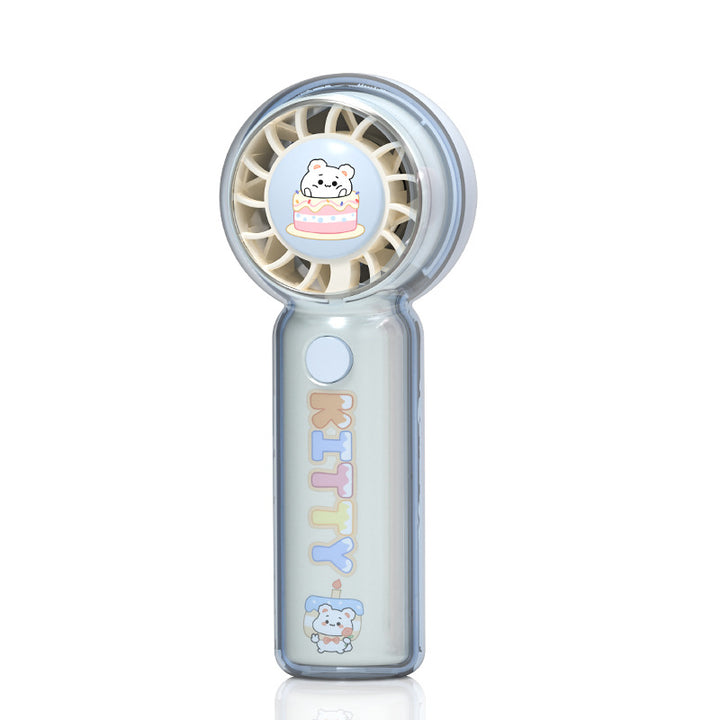 Cooling portable rechargeable handheld mini fan with cartoon cat artwork and transparent ergonomic casing Kalsten