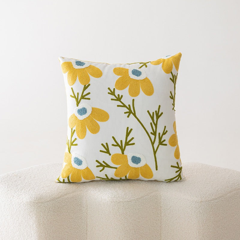 Embroidered Floral Cotton-Linen Square Throw Pillow Cover with Hidden Zipper and Textured Appliqué