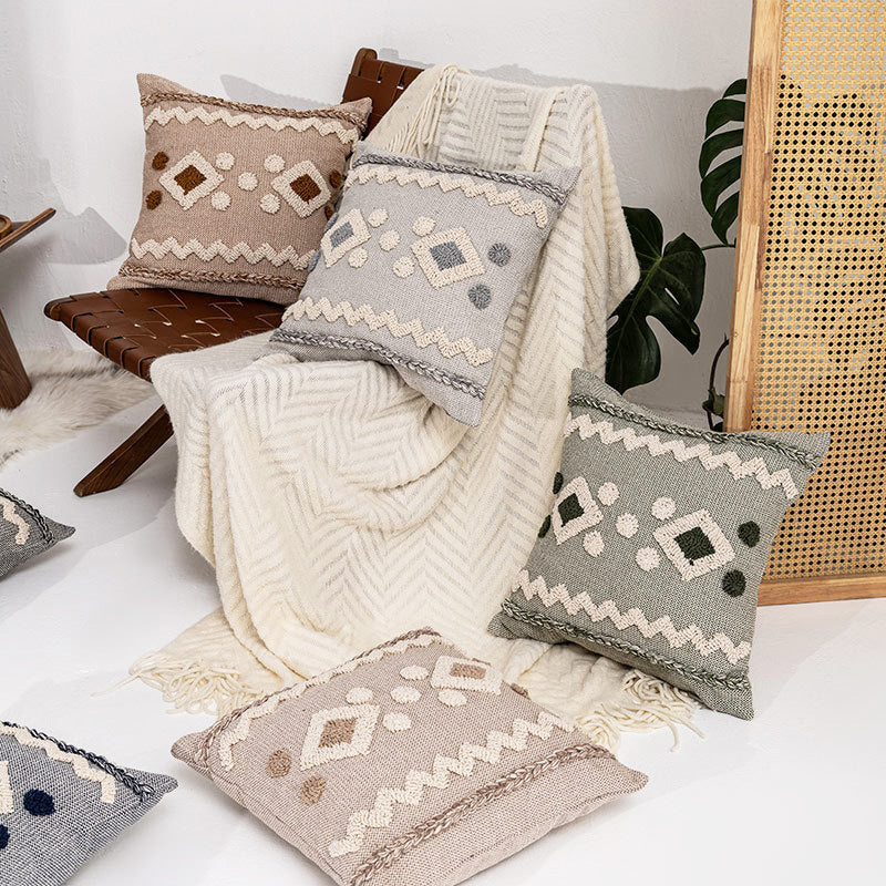 Textured Boho Geometric Tufted Throw Pillow with Braided Edge and Removable Zip Cover