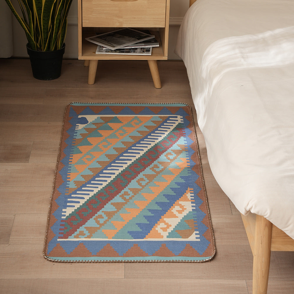 Flat kilim runner rug with geometric ethnic pattern