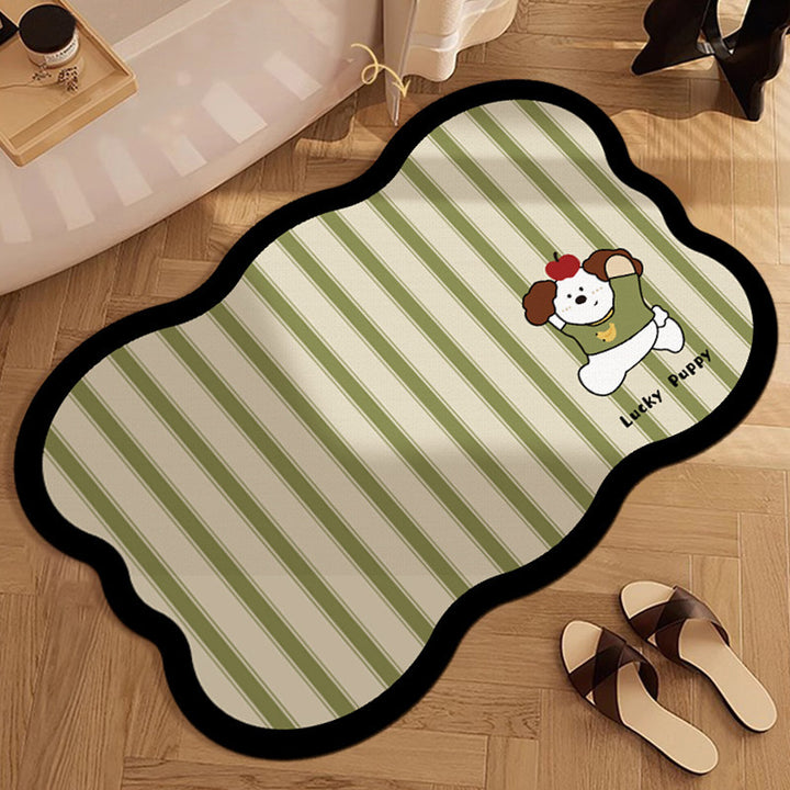 Decorative Scalloped Non-Slip Striped Bath Mat with Lucky Cat Print