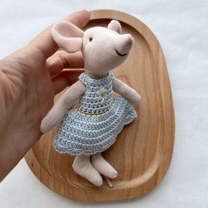 Handcrafted Linen Mouse Doll with Crocheted Dress and Embroidered Face