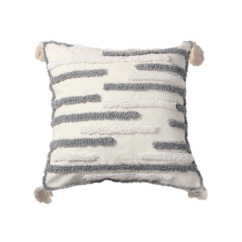 Textured Loop-Embroidered Square Throw Pillow with Corner Tassels and Removable Cover