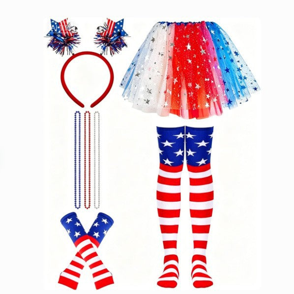 Women's Independence Day tulle tutu skirt with oversized bow headband over-the-knee star-striped stockings and matching arm sleeves Kalsten