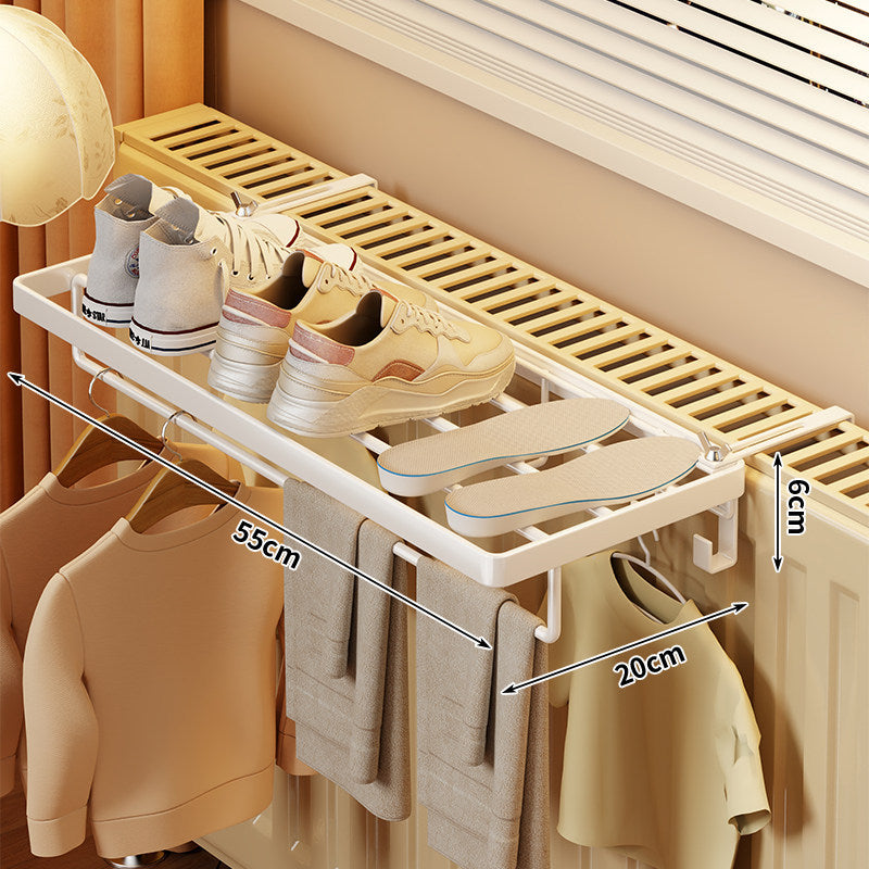 Radiator-Mounted Folding Drying Rack with Extendable Shoe Shelf and Multi-Hook Hanger
