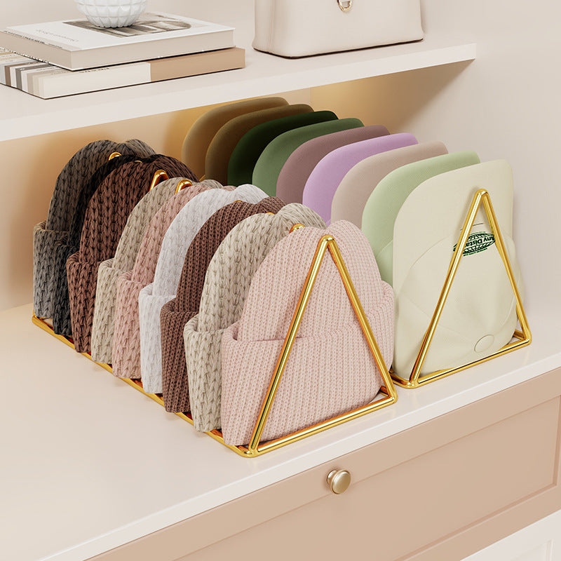Triangular Gold Metal Multi-Slot Beanie and Knit Hat Organizer Rack