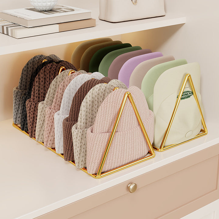 Triangular Gold Metal Multi-Slot Beanie and Knit Hat Organizer Rack