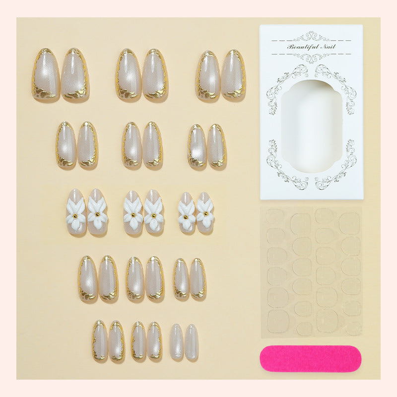 Elegant Press-On Nail Art Set with Floral and Gold Accents Kalsten