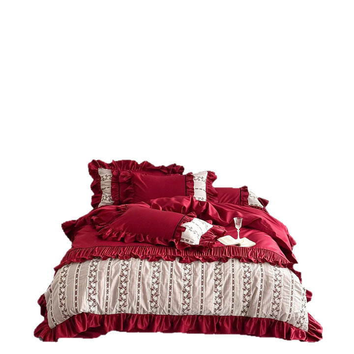 Luxurious Ruffle Bedding Set made of Satin with Embroidered Border