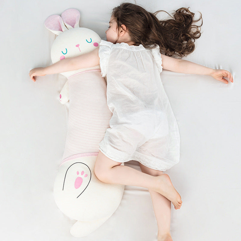 Oversized plush body pillow in bunny shape with ergonomic cuddle head