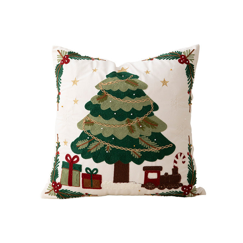 Festive embroidered decorative pillow with reindeer motif and removable cover