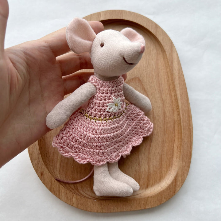 Handmade Linen Mouse Doll with Crocheted Dress and Embroidered Details
