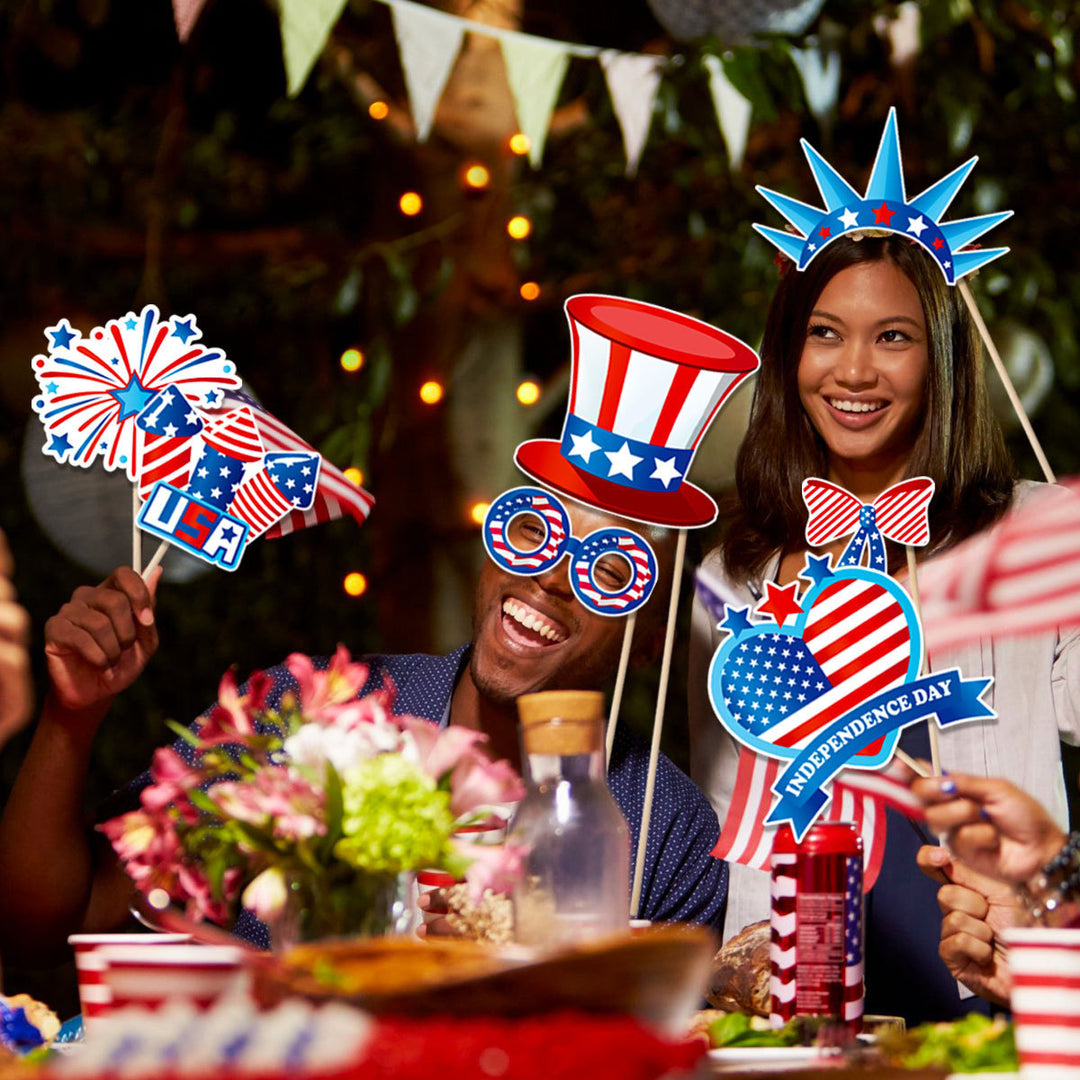Independence Day Patriotic Photobooth Prop Sticker Kit with Wooden Sticks and Removable Adhesive Dots Kalsten