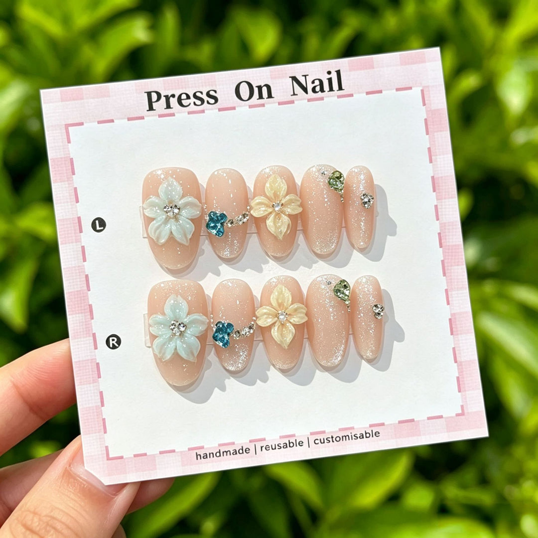 Artistic Press-On Nail Art Set with Cute Character and Bow Accents
