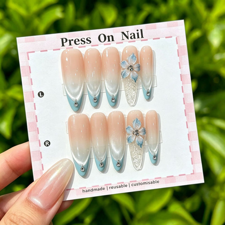Artistic Press-On Nail Set with Tropical and Floral Accents