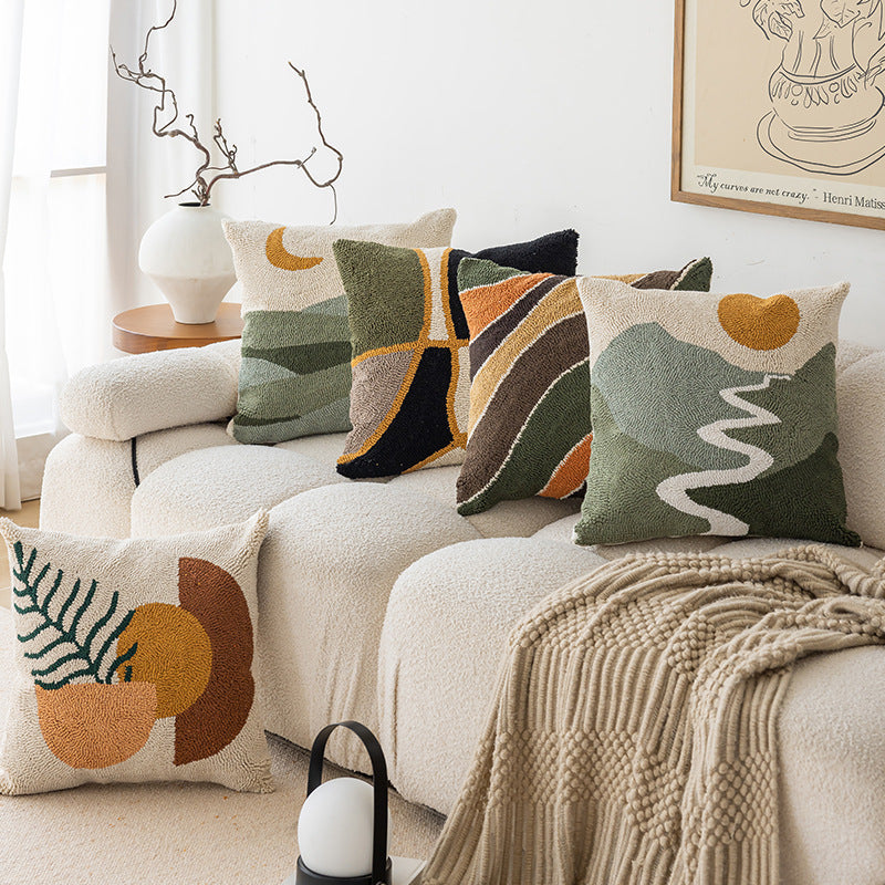 Hand-Tufted Abstract Geometric Loop-Pile Throw Pillow Cover with Hidden Zipper