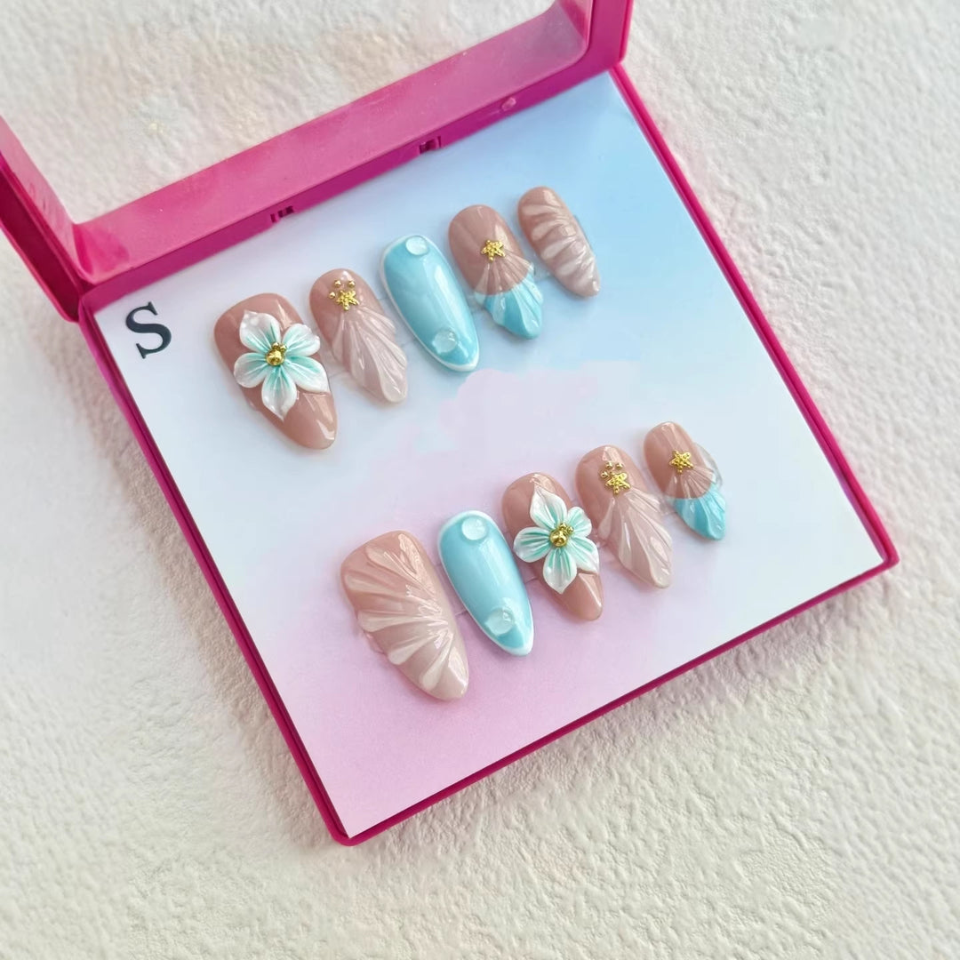 Artistic Press-On Nail Set with Floral and Gem Accents  1791774122