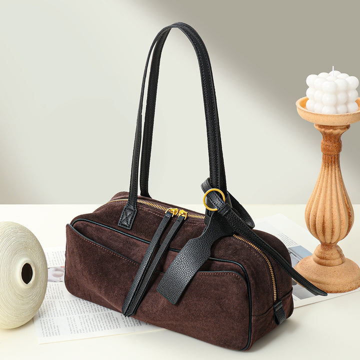 Suede Barrel Shoulder Bag with Top-Zip, Front Slip Pocket & Leather Trim
