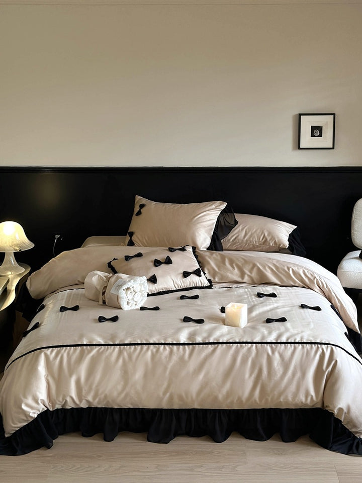 Elegant bedding set made of cotton satin with attached bows and ruffles