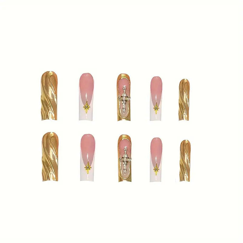 Elegant Press-On Nail Art with Gold Accents Kalsten
