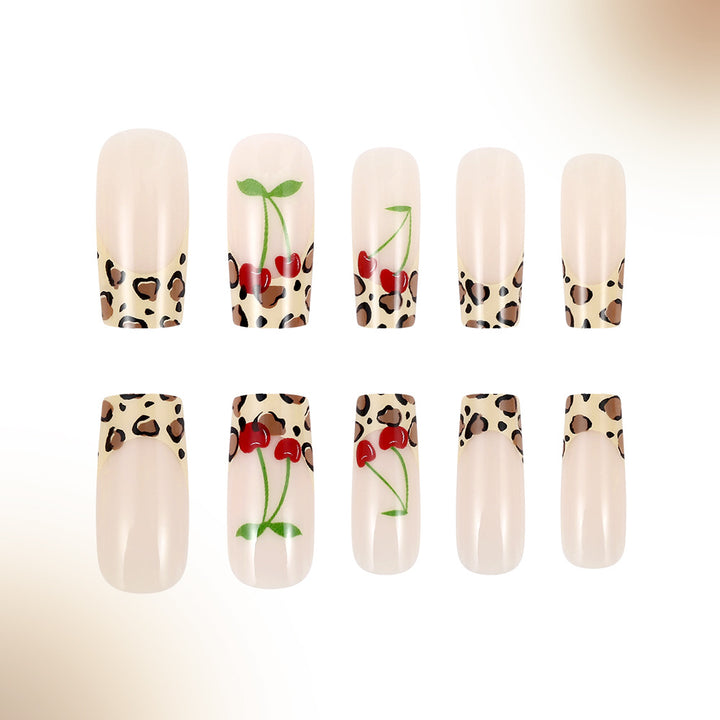 Artistic Leopard Print and Cherry Floral Press-On Nails Kalsten